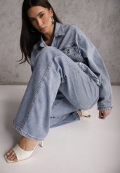 Niebieskie Jeansy Szerokie z Bawełny High Waist Ozdobione Perełkami i Wycięciami Nenelsea. Niebieskie jeansy damskie Renee, z podwyższonym stanem. Za 159.99 zł.