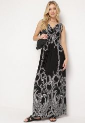Czarna Sukienka z Ornamentalnym Wzorem Gumką w Talii i Sznurkami na Ramionach Avemina. Czarne sukienki damskie Born2be, na spotkanie biznesowe, l, bez wzorów, eleganckie, bez kołnierzyka, bez ramiączek, maxi. Za 54.99 zł.
