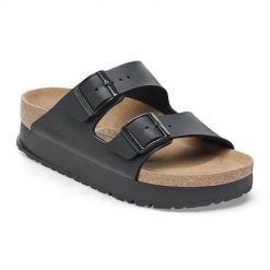 Klapki damskie Birkenstock Arizona Pap Flex Platform. Czarne klapki damskie Birkenstock, bez wzorów, z materiału, bez obcasa. Za 441.00 zł.