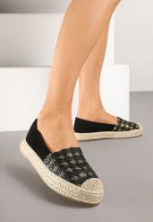 Czarne Espadryle z Plecionym Sznurkiem i Geometrycznym Wzorem Sdivira. Czarne espadryle damskie Born2be, bez wzorów, z jeansu, eleganckie, bez obcasa, na obcasie, bez zapięcia. Za 79.99 zł.