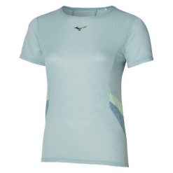 Koszulka damska Mizuno Dryaeroflow. Niebieskie koszulki sportowe damskie Mizuno, bez wzorów, sportowe, bez kołnierzyka. Za 129.99 zł.