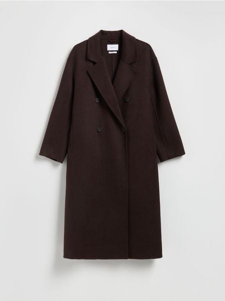Płaszcz handmade z wełną - ciemnobrązowy. Brązowe płaszcze damskie Reserved, l, bez wzorów, z tkaniny, bez kaptura. Za 399.99 zł.