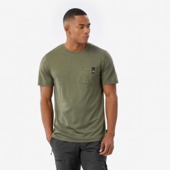 Koszulka trekkingowa męska z krótkim rękawem 100% Merino. Brązowe koszulki sportowe męskie FORCLAZ, l, bez wzorów, z materiału, bez kołnierzyka, bez ramiączek, trekkingowe. Za 179.99 zł.