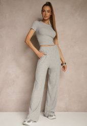Szary Komplet z Bawełny T-shirt Typu Crop Top i Spodnie Wide Leg Nelisandra. Szare spodnie materiałowe damskie Renee, l, bez wzorów, z bawełny. Za 119.99 zł.