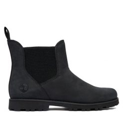 Sztyblety Timberland. Czarne botki damskie Timberland, bez obcasa, na płaskiej podeszwie, bez zapięcia. Za 399.99 zł.