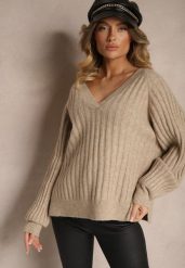 Beżowy Sweter Prążkowany z Wiskozą Wełną Rozcięciami i Ozdobnymi Ściągaczami Korinka. Brązowe swetry damskie Renee, bez wzorów, z jeansu, casualowe, bez kołnierzyka, bez ramiączek, długie, bez kaptura. Za 139.99 zł.