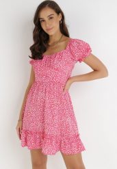 Różowa Sukienka Emas. Czerwone sukienki damskie Born2be, m, bez wzorów, z tkaniny, bez kołnierzyka, bez ramiączek, mini. Za 129.99 zł.