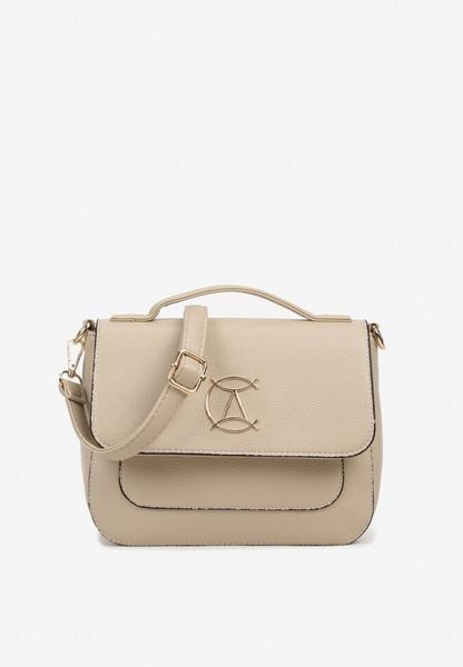 Beżowa Jednokomorowa Torebka Listonoszka z Klapką Ellyna. Brązowe torby na ramię damskie Born2be, bez wzorów, bez dodatków. Za 99.99 zł.