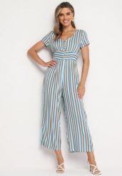 Niebieski Wiskozowy Kombinezon z Guzikami przy Dekolcie i Elastyczną Gumką w Talii Tinaleias. Niebieskie sukienki damskie Born2be, do pracy, na lato, l, bez wzorów, z wiskozy, biznesowe, bez kołnierzyka, bez ramiączek, dopasowane. Za 99.99 zł.