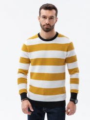 Sweter męski w paski - musztardowy V2 - Rozmiar: XXL. Swetry przez głowę męskie Ombre Clothing, m, bez wzorów, z bawełny, bez kołnierzyka. W wyprzedaży za 39.99 zł.