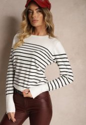 Biały Sweter z Wiskozą Bawełną z Nitami w Paski Vitita. Białe swetry damskie Renee, m, bez wzorów, z bawełny, biznesowe, bez kołnierzyka, bez ramiączek, bez kaptura. Za 69.99 zł.