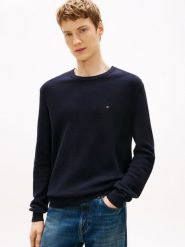 Tommy Hilfiger sweter Mężczyźni Bawełna niebieski, L. Niebieskie swetry przez głowę męskie Tommy Hilfiger, l, bez wzorów, z bawełny, bez kołnierzyka. Za 409.95 zł.