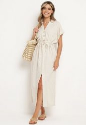 Beżowa Bawełniana Sukienka z Koszulową Górą i Ściągaczem w Talii Vikleta. Brązowe sukienki damskie Born2be, na co dzień, l, bez wzorów, z bawełny, klasyczne, bez kołnierzyka, bez ramiączek, koszulowe. Za 109.99 zł.