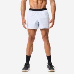 Spodenki do treningu siłowego Domyos. Niebieskie krótkie spodenki sportowe męskie DOMYOS, l, bez wzorów, z elastanu, na fitness i siłownię. Za 79.99 zł.