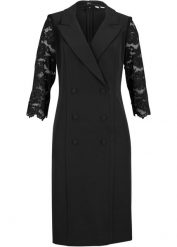 Sukienka żakietowa z rękawami koronkowymi. Czarne sukienki damskie bonprix, bez wzorów, z koronki, eleganckie, bez kołnierzyka, bez ramiączek. Za 239.99 zł.