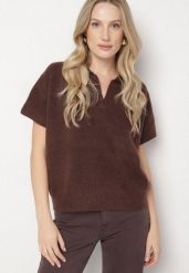 Brązowy Sweter z Wełną z Krótkim Rękawem i Kołnierzykiem Tevalina. Brązowe swetry damskie Born2be, uniwersalny, bez wzorów, z jeansu, eleganckie, bez kołnierzyka, bez ramiączek, krótkie, bez kaptura. Za 129.99 zł.