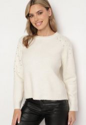 Jasnobeżowy Sweter z Bawełną Ozdobiony Cekinami Ceana. Brązowe swetry damskie Born2be, z aplikacjami, z bawełny, eleganckie, bez kołnierzyka, bez ramiączek, długie, bez kaptura. Za 109.99 zł.