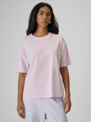 4F T-shirt loose z nadrukiem damski - różowy XS. Czerwone t-shirty damskie 4f, xs, bez wzorów, z bawełny, klasyczne, bez kołnierzyka. Za 59.99 zł.