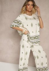 Beżowo-Ciemnozielony Komplet z Wiskozy w Etniczny Wzór Szerokie Spodnie i T-shirt Sarivianne. Zielone spodnie materiałowe damskie Renee, l, bez wzorów, z wiskozy. Za 74.99 zł.