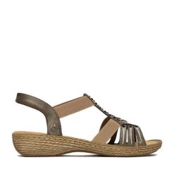 Sandały Rieker. Szare sandały damskie Rieker, bez wzorów, bez obcasa, na płaskiej podeszwie, bez zapięcia. Za 299.99 zł.
