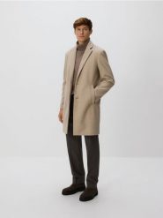 Elegancki płaszcz z kołnierzem - beżowy. Brązowe płaszcze męskie Reserved, l, bez wzorów, eleganckie, bez kaptura. Za 259.99 zł.