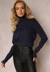 Granatowy Sweter Golf o Dopasowanym Fasonie z Wiskozą Nalexa. Niebieskie swetry damskie Renee, l, bez wzorów, z dzianiny, klasyczne, bez kołnierzyka, bez ramiączek, długie, bez kaptura. Za 54.99 zł.