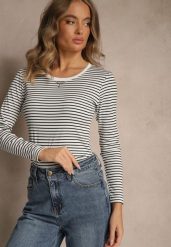 Biała Bluzka Longsleeve Ozdobiona Paskami i Cyrkoniami Ralenea. Białe bluzki damskie Renee, l, bez wzorów, z jeansu, eleganckie, bez kołnierzyka, bez ramiączek. Za 49.99 zł.