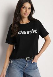 Czarny T-shirt z Bawełny z Aplikacją z Cyrkoniami Deraine. Czarne bluzki damskie Born2be, l, z aplikacjami, z bawełny, eleganckie, bez kołnierzyka. Za 34.99 zł.