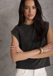 Czarny Top z Bawełny w Stylu Grunge z Szeroką Linią Ramion Tezorea. Czarne bluzki damskie Renee, m, bez wzorów, z bawełny, bez kołnierzyka, bez ramiączek. Za 79.99 zł.