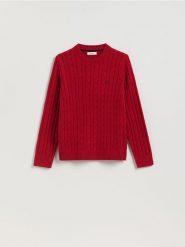 Sweter z warkoczowym splotem - czerwony. Czerwone swetry przez głowę męskie Reserved, l, bez wzorów, z bawełny, bez kołnierzyka. Za 139.99 zł.