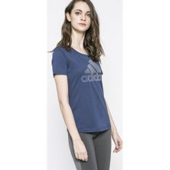 Adidas Performance - Top. Szare topy damskie adidas Performance, z nadrukiem, z bawełny, z okrągłym kołnierzem, z krótkim rękawem. W wyprzedaży za 99.90 zł.