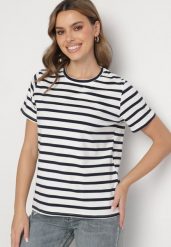 Niebieska Bluzka z Bawełny w Paski Senala. Niebieskie bluzki damskie Born2be, m, bez wzorów, z bawełny, klasyczne, bez kołnierzyka, bez ramiączek. Za 34.99 zł.