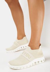 Beżowe Buty Sportowe ze Skarpetkową Cholewką i Napisem Thirllas. Brązowe obuwie sportowe damskie Born2be, bez wzorów. Za 54.99 zł.