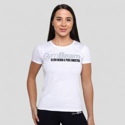 Koszulka damska fitness slim biała Pure Ambition. Białe koszulki sportowe damskie GYMBEAM, l, bez wzorów, z bawełny, bez kołnierzyka, bez ramiączek, na fitness i siłownię. Za 55.90 zł.