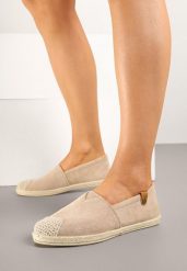 Ciemnobeżowe Espadryle ze Zdobieniami z Plecionki i Elastyczną Wstawka Nelithae. Brązowe espadryle damskie Born2be, na lato, z aplikacjami, eleganckie, bez obcasa, bez zapięcia. Za 44.99 zł.