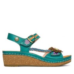 Sandały Laura Vita. Niebieskie sandały damskie Laura Vita, bez wzorów, bez obcasa, na koturnie, bez zapięcia. Za 429.99 zł.