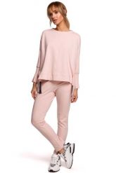 Wygodna Prosta Bluza z Lampasem - Różowa. Czerwone bluzki damskie MOE, l, bez wzorów, z bawełny, bez kaptura. Za 229.90 zł.