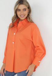 Pomarańczowa Koszula Bawełniana Trapezowa Hazala. Brązowe bluzki damskie Born2be, l, bez wzorów, z bawełny, eleganckie, bez kołnierzyka, bez ramiączek. Za 149.99 zł.