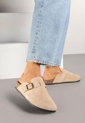 Beżowe Klapki Ozdobione Klamrą na Pasku Zelevelis. Brązowe klapki damskie Renee, bez wzorów, z jeansu, eleganckie, bez obcasa, na obcasie. Za 54.99 zł.