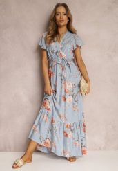 Jasnoniebieska Sukienka w Kwiaty o Kopertowym Kroju z Wiązanym Paskiem Iphene. Niebieskie sukienki damskie Renee, na co dzień, na lato, l, bez wzorów, eleganckie, bez kołnierzyka, bez ramiączek, maxi, kopertowe. Za 49.99 zł.
