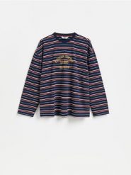 Bawełniany longsleeve - granatowy. Niebieskie bluzki z długim rękawem męskie Reserved, l, bez wzorów, z bawełny, bez kołnierzyka. Za 99.99 zł.