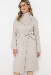 Jasnobeżowy Dwurzędowy Płaszcz Wiązany w Pasie Opulica. Brązowe płaszcze damskie Born2be, l, bez wzorów, z jeansu, biznesowe, bez kaptura. Za 419.99 zł.