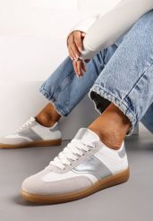 Biało-Srebrne Sneakersy Tenisówki z Klasycznym Sznurowaniem Norio. Białe trampki i tenisówki damskie Renee, bez wzorów, z jeansu, klasyczne, bez zapięcia. Za 69.99 zł.