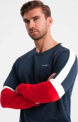 Ombre Trójkolorowa męska dresowa bluza z raglanowymi rękawami granatowa V2 OM-SSNZ-22FW-003 M. Bluzy męskie Ombre, m, bez wzorów, z dresówki, bez kaptura. Za 169.99 zł.