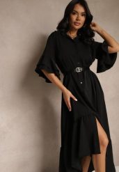 Czarna Koszulowa Sukienka Ozdobiona Falbanką Ransara. Czarne sukienki damskie Renee, na co dzień, bez wzorów, eleganckie, bez kołnierzyka, bez ramiączek, midi, koszulowe. Za 74.99 zł.