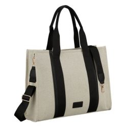 Duży shopper damski w beżowo-czarnym kolorze wykonany z włókna pomialidowego i skóry ekologicznej Rovicky R-CAN-04. Brązowe torebki shopper damskie ROVICKY, bez wzorów, ze skóry ekologicznej, eleganckie, bez dodatków. Za 119.99 zł.