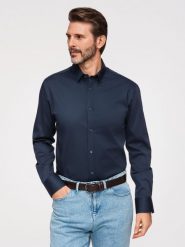 Klasyczna męska koszula SLIM FIT z satynowej tkaniny – granatowa V3 - Rozmiar: XXL. Niebieskie koszule męskie Ombre Clothing, m, bez wzorów, z bawełny, biznesowe, bez kołnierzyka, bez ramiączek. W wyprzedaży za 202.99 zł.