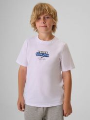 4F T-shirt regular z nadrukiem chłopięcy - biały 134 (8-9 lat). Białe t-shirty dla chłopców 4f, bez wzorów, z bawełny, bez ramiączek. Za 59.99 zł.