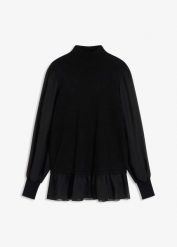 Sweter z cienkiej dzianiny z koszulowymi wstawkami. Czarne swetry damskie bonprix, bez wzorów, z dzianiny, bez kołnierzyka, bez ramiączek, bez kaptura. Za 112.99 zł.