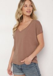 Ciemnobeżowy Bawełniany T-shirt z Trójkątnym Dekoltem Linarosea. Brązowe bluzki damskie Born2be, m, bez wzorów, z bawełny, klasyczne, bez kołnierzyka. Za 49.99 zł.